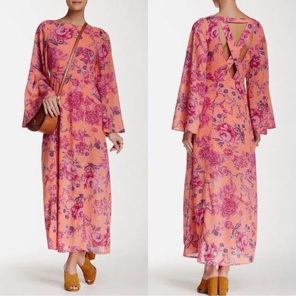 Free People Dresses & Skirts - Free People Clementine Floral Maxi Dress Size 12 NWT Peach Pink Boho Open Back